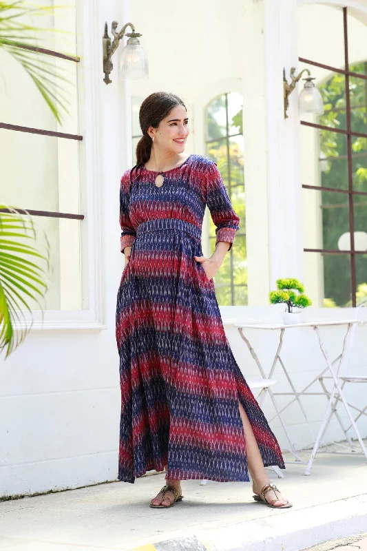 Ikat Side Slit Pink Long Nursing Dress (100% Cotton)