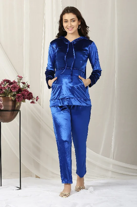 Lapis Blue Hoodie Maternity Velvet Coord Set (Set Of 2)