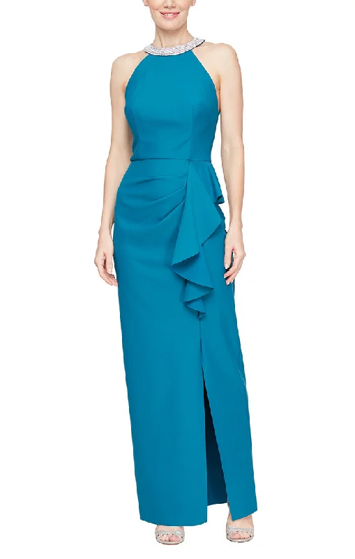 Long Halter Neck Compression Dress with Embellished Neckline and Cascade Skirt