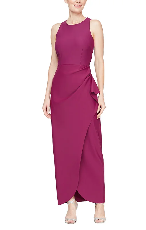 Long Sleeveless Compression Dress with Cutaway Halter Neckline and Cascade Detail Skirt