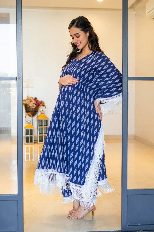 Luxe Indigo Blue Ikat Maternity & Nursing Kaftan Coord Set (100% Cotton) (2 Pc)