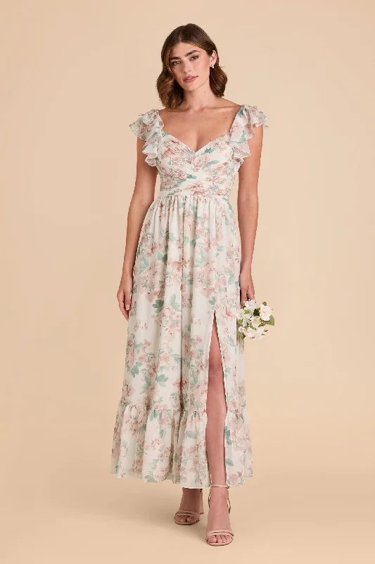 Michelle Chiffon Dress - Dusty Apricot Peonies