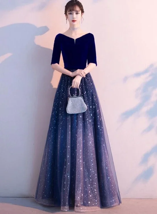 Navy Blue Velvet Short Sleeves With Shiny Tulle Long Party prom Dress, Blue Bridesmaid Dress Prom Dress    cg21789