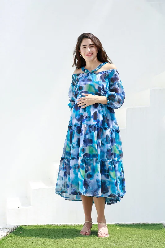 Paradise Blue Waves Halter Maternity & Nursing Frill Dress