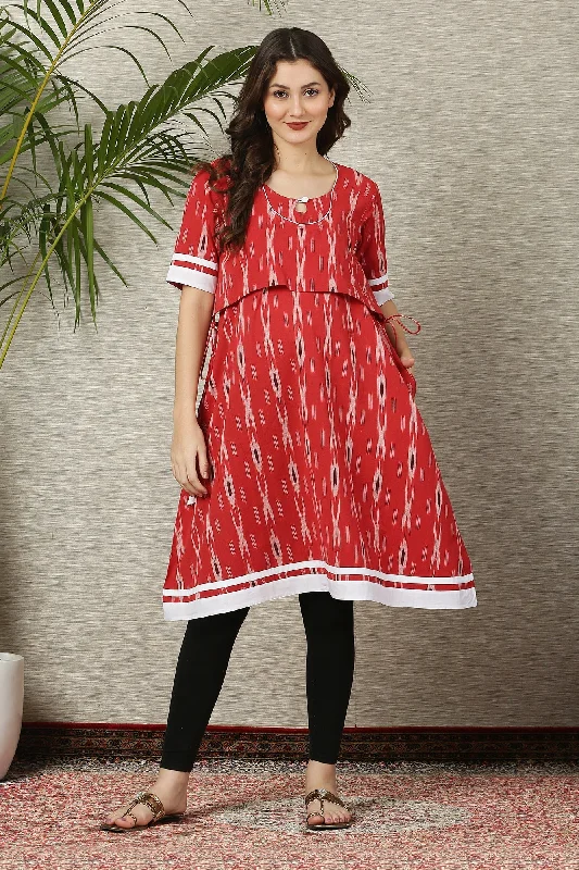 Poppy Red Ikat Maternity & Nursing Kurta (100% Cotton)