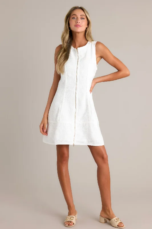 Posh Perfection Ivory Tweed Zip Front Mini Dress