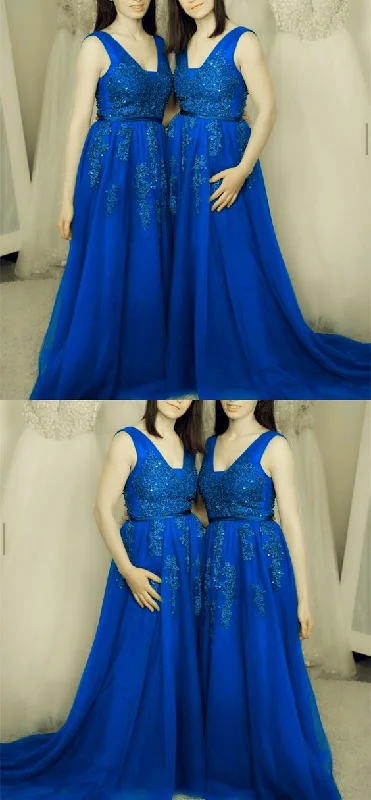 Prom Dresses Elegant Royal Blue Bridesmaid Dresses Lace Appliques V Neck    cg20542