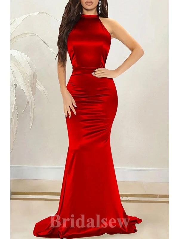 Red Open Back High Neck Mermaid Elegant Formal Black Girls Slay Satin Evening Long Prom Dresses PD1379