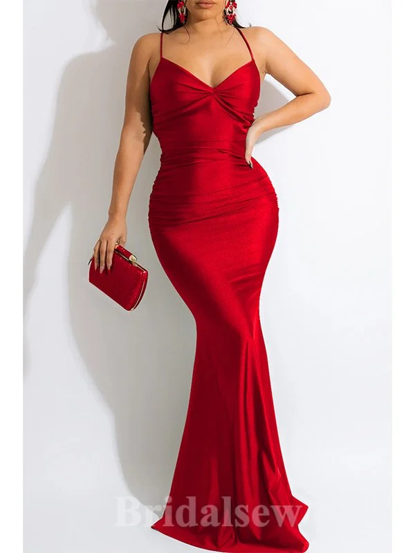 Red Spaghetti Straps Mermaid Elegant Formal Black Girls Slay Satin Evening Long Prom Dresses PD1377