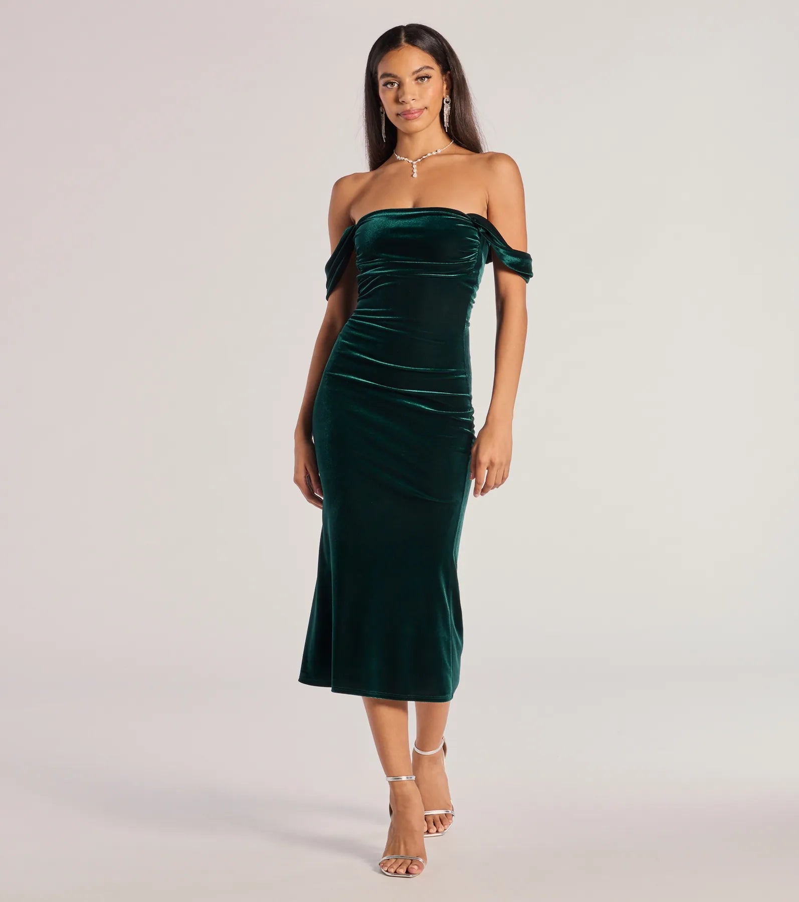 Regal Moment Off-The-Shoulder Velvet Midi Dress