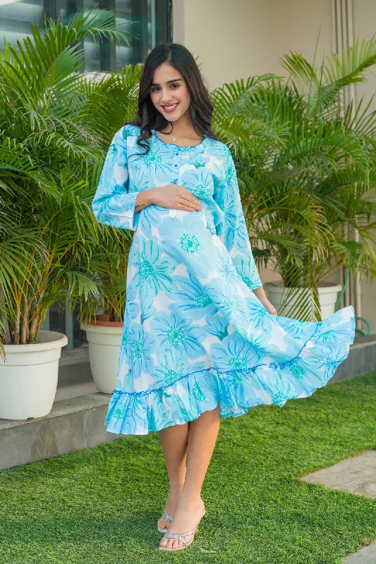 Restful Turquoise Floaral Maternity & Nursing Night Dress