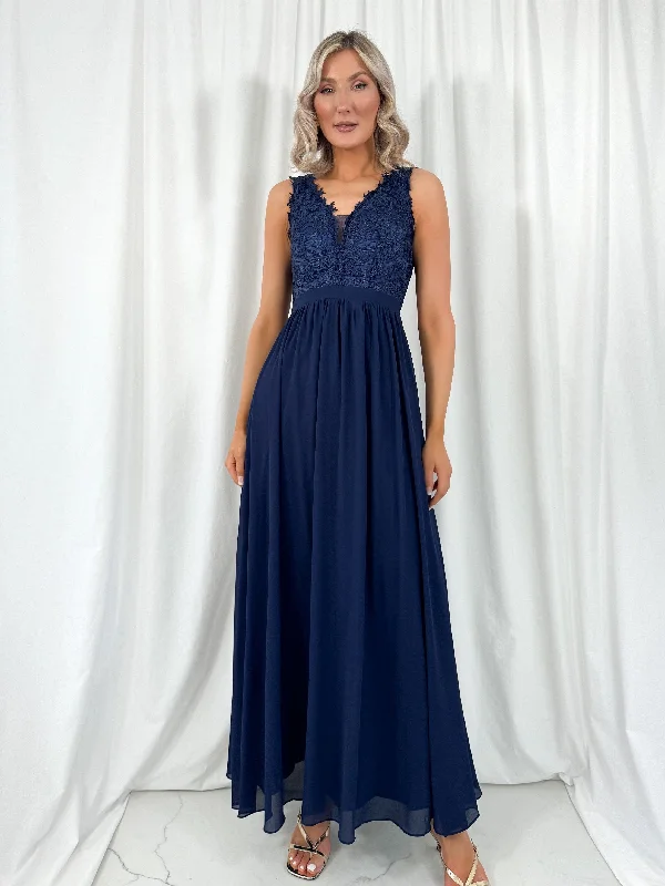 Telma Broderie Top Pleated Maxi Dress - Navy