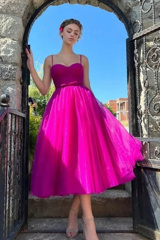 Tulle Tea-Length Fuchsia Prom Gown with Thin Straps