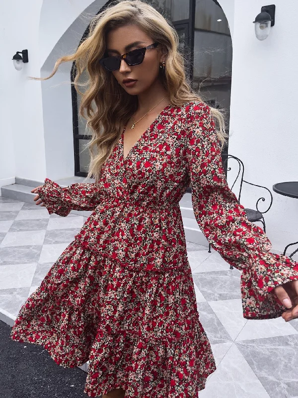 Women’s clothing that combines comfort and style KittenAlarm - V-neck red floral mid-length casual long-sleeved dress Women’s clothing that combines comfort and style KittenAlarm - V-neck red floral mid-length casual long-sleeved dress