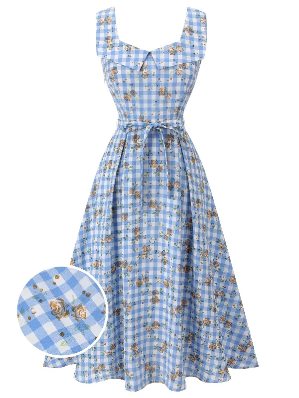 Stylish plus-size clothing for women   Blue 1940s Rose Gingham Lace Up Dress