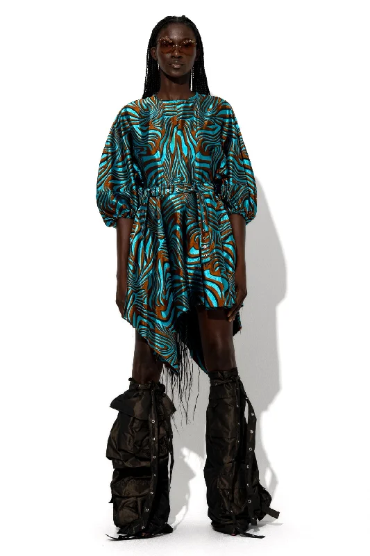 Sustainable fashion for stylish women   BLUE ZEBRA BROCADE BALLOON SLEEVE DRESS