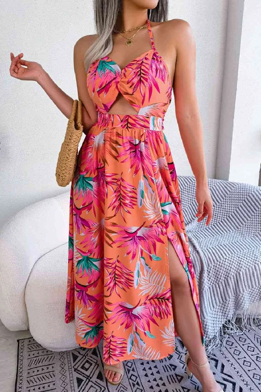 Refresh your closet with chic and comfy styles Botanical Print Tied Backless Cutout Slit Dress Refresh your closet with chic and comfy styles Botanical Print Tied Backless Cutout Slit Dress