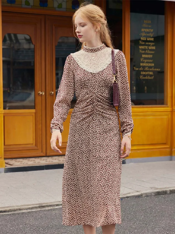 Stylish plus-size clothing for women   Camila Maple Leaf Print Mock Neck Lace Contrast Dress
