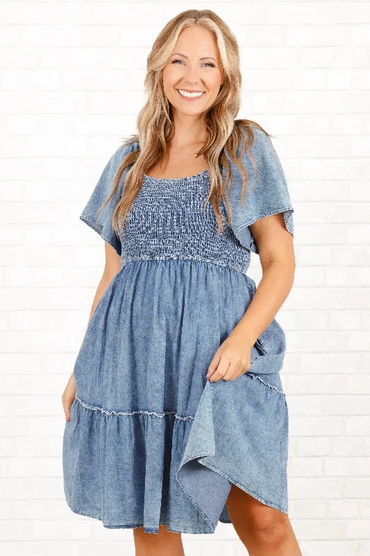 Feminine silhouettes for the modern woman   Don't Stop Now Dress, Denim Blue