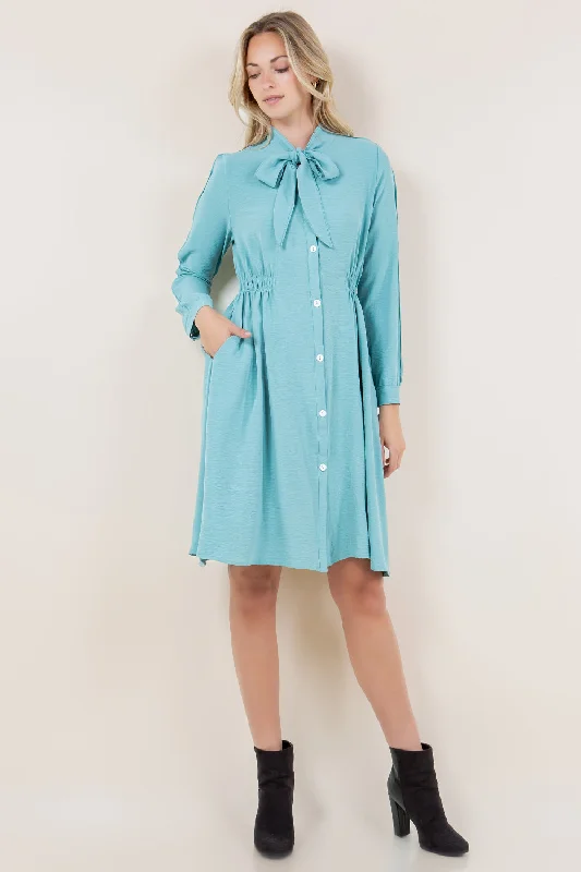 Elegant evening wear for special events   LS BOW TIE NK BUTTON FRONT DRESS - D3531-AFLW-ALOE