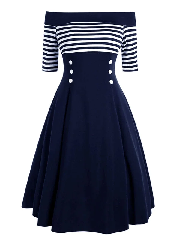 Women’s fashion that reflects your personality   Navy 1950s Off Shoulder Swing Dress