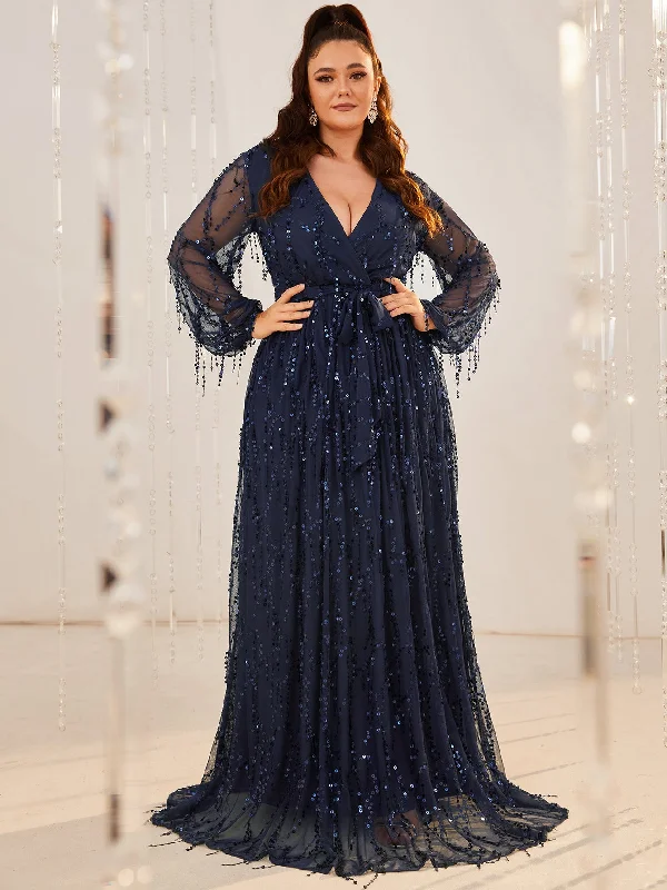 Elevate your look with premium women’s wear NiDELL Large Size Navy Blue Dress Simple V-neck Tassel Sequin Lace-up Long Party Dress-Fp097 Elevate your look with premium women’s wear NiDELL Large Size Navy Blue Dress Simple V-neck Tassel Sequin Lace-up Long Party Dress-Fp097