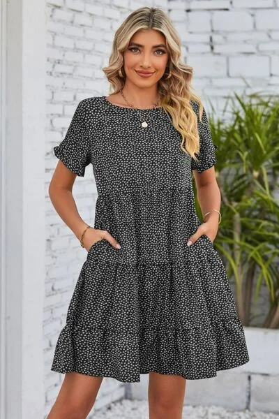 Effortlessly chic fashion for today’s woman   Polka Dot Round Neck Tiered Dress