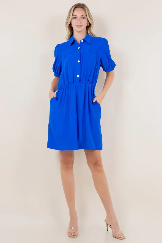 Bold, confident, and stylish women’s clothing PUFF SS TIER BUTTON FRONT DRESS - D3532-AFLW-ROYAL Bold, confident, and stylish women’s clothing PUFF SS TIER BUTTON FRONT DRESS - D3532-AFLW-ROYAL