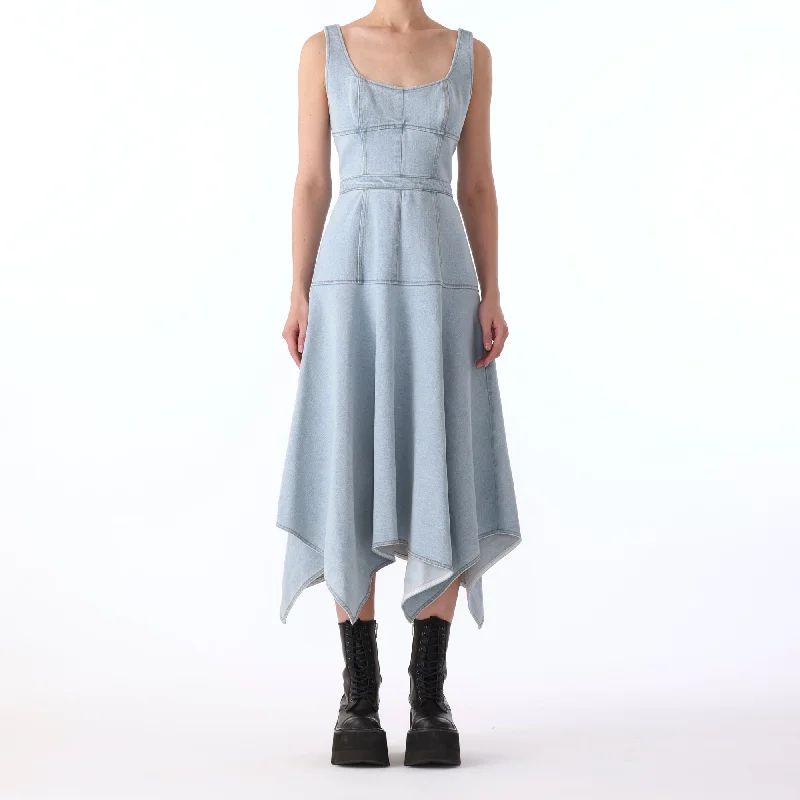 Elegant casual clothing for modern women   S/L DENIM DRESS w/ ASYMMETRICAL HEM