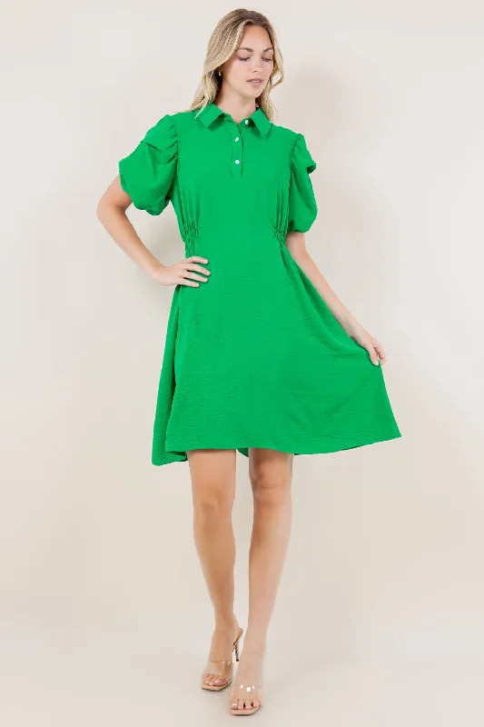 Bold and sophisticated looks for every woman   SS TACKED BUBBLE SLEEVES HALF PLACKET DRESS - D3553-AFLW-KELLYGREEN