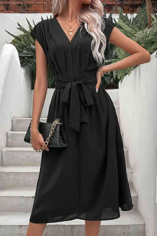 Essential women’s clothing for every season   Tie Belt V-Neck Pleated Dress