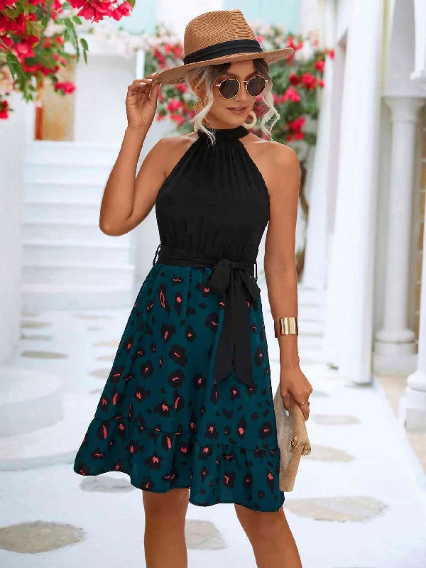 Confidence-boosting clothing for women   Two-Tone Belted Sleeveless Grecian Neck Dress