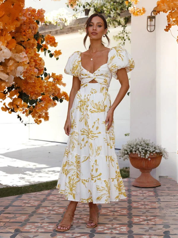 Bold and beautiful clothing for every woman Women's Slim Fit Printed Puff Sleeve Swing Dress Bold and beautiful clothing for every woman Women's Slim Fit Printed Puff Sleeve Swing Dress