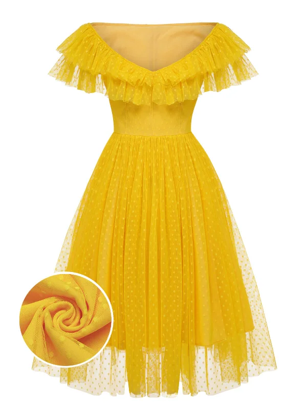 Designer-inspired women’s fashion at affordable prices Yellow 1950s Dots Off-Shoulder Mesh Swing Dress Designer-inspired women’s fashion at affordable prices Yellow 1950s Dots Off-Shoulder Mesh Swing Dress