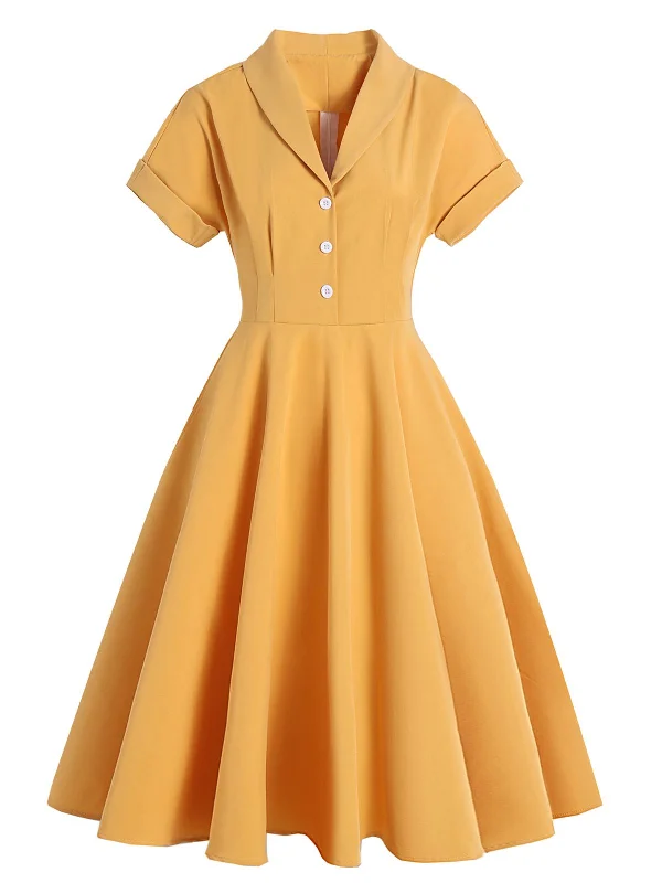 Elegant and comfortable women’s fashion wear   Yellow 1950s Solid Buttoned Swing Dress