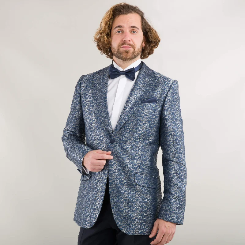 Unbeatable discounts on top-selling apparel – Only available online.  Blue and Silver Floral Evening Jacket