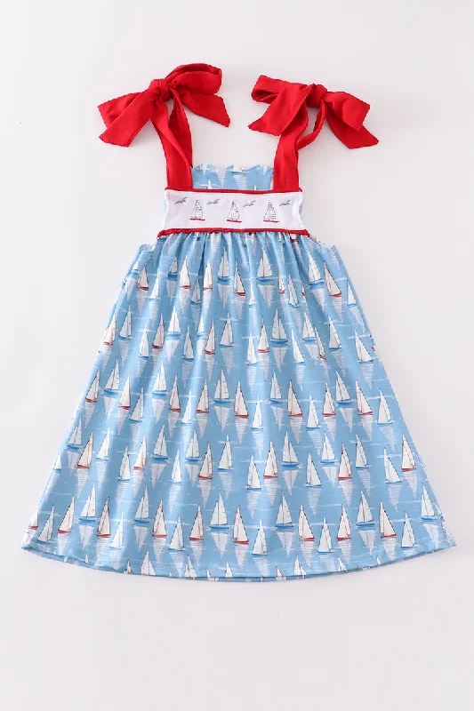 Blue sailboat embroidery dress