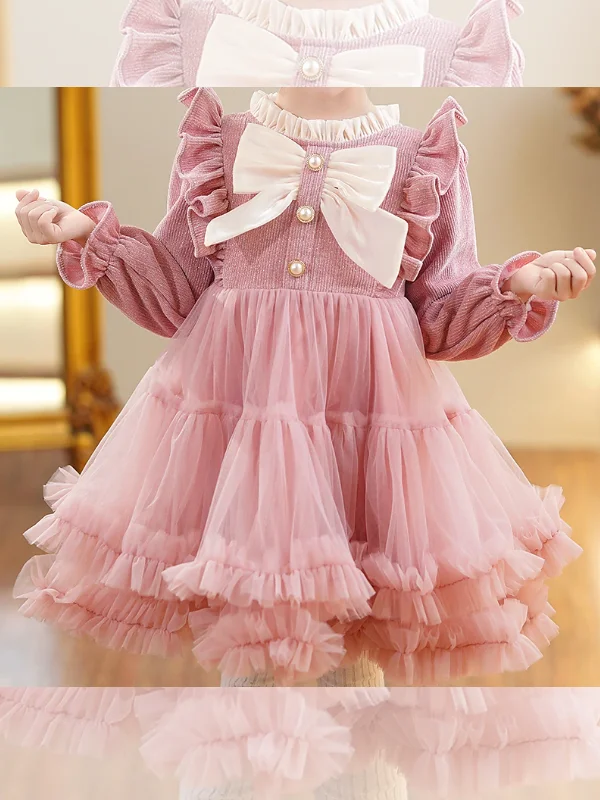 Girls Elegant Fluffy Mesh Dress with Ruffles and Bow Accents