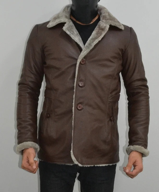Final clearance: Men’s clothing items up to 70% off!  Men's Brown Fur Collar Slim Fit Leather Blazer Jacket