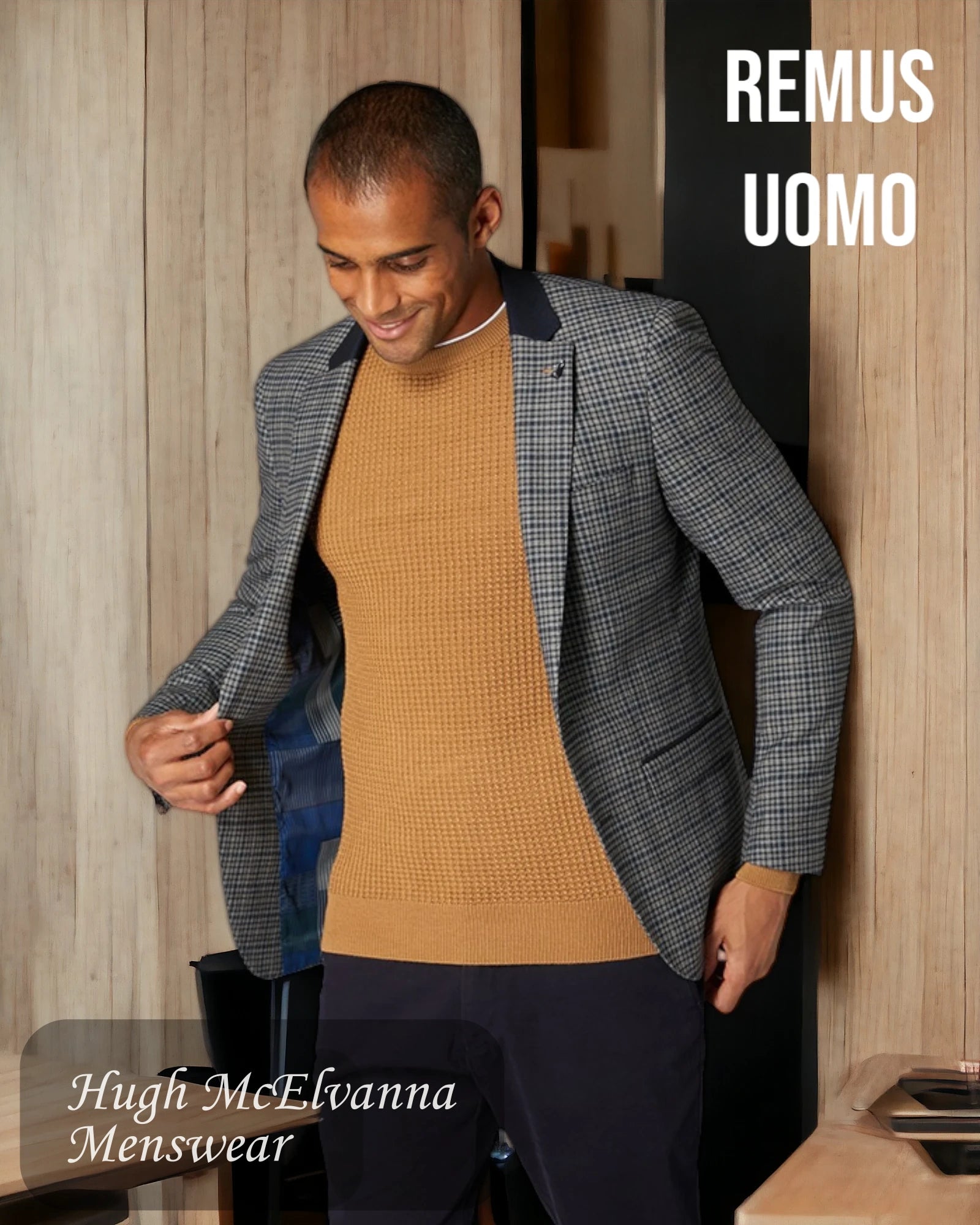 End-of-season clothing sale – Shop now for big savings!  Remus Uomo Men's Grey Stretch Check Blazer With Contrast Collar Style: 11825/07