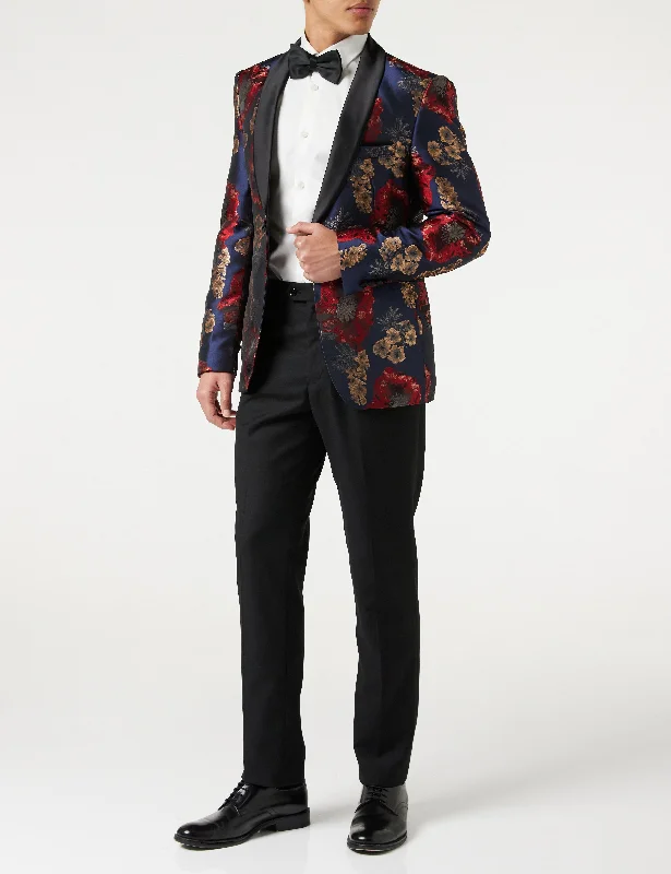 Men’s fashion just got more affordable – shop now!  Flocked Floral Red Navy Tux Jacket
