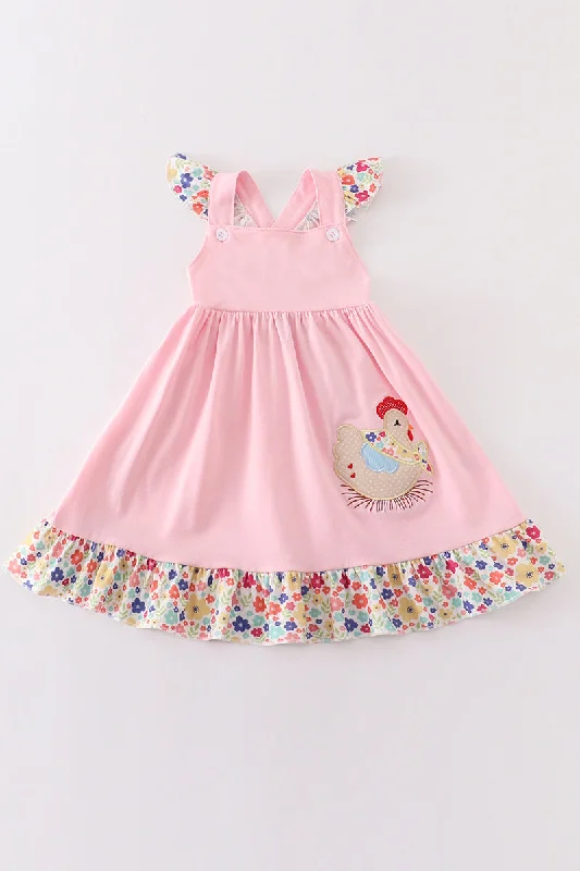 Pink floral chicken applique ruffle dress