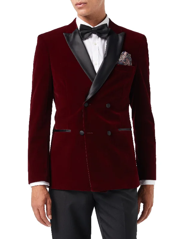 Get 20% off your first order of men’s fashion.  SMITH - BURGUNDY TUXEDO DOUBLE BREASTED VELVET BLAZER
