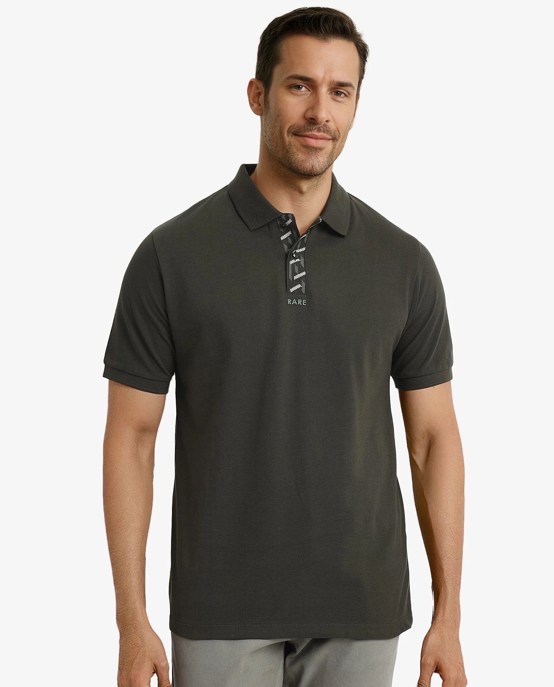 New season, new deals – shop men's clothing now!  Rare Rabbit Men's Ark Dark Olive Cotton Fabric Short Sleeve Button Closure Regular Fit Plain Polo T-Shirt