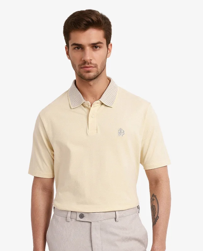 Buy more, save more – Rare Rabbit Men's Booth Yellow Short Sleeve Textured Collar Embroidered Logo Plain Polo T-Shirt Buy more, save more – Rare Rabbit Men's Booth Yellow Short Sleeve Textured Collar Embroidered Logo Plain Polo T-Shirt
