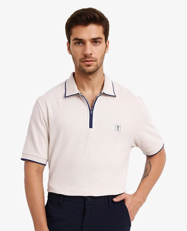 Shop trendy clothing at amazing prices – exclusive deals! Rare Rabbit Men's Burrow Off White Cotton Fabric Short Sleeve Contrasting Collar and Placket Detailing Zip Closure Regular Fit Textured Polo T-Shirt Shop trendy clothing at amazing prices – exclusive deals! Rare Rabbit Men's Burrow Off White Cotton Fabric Short Sleeve Contrasting Collar and Placket Detailing Zip Closure Regular Fit Textured Polo T-Shirt
