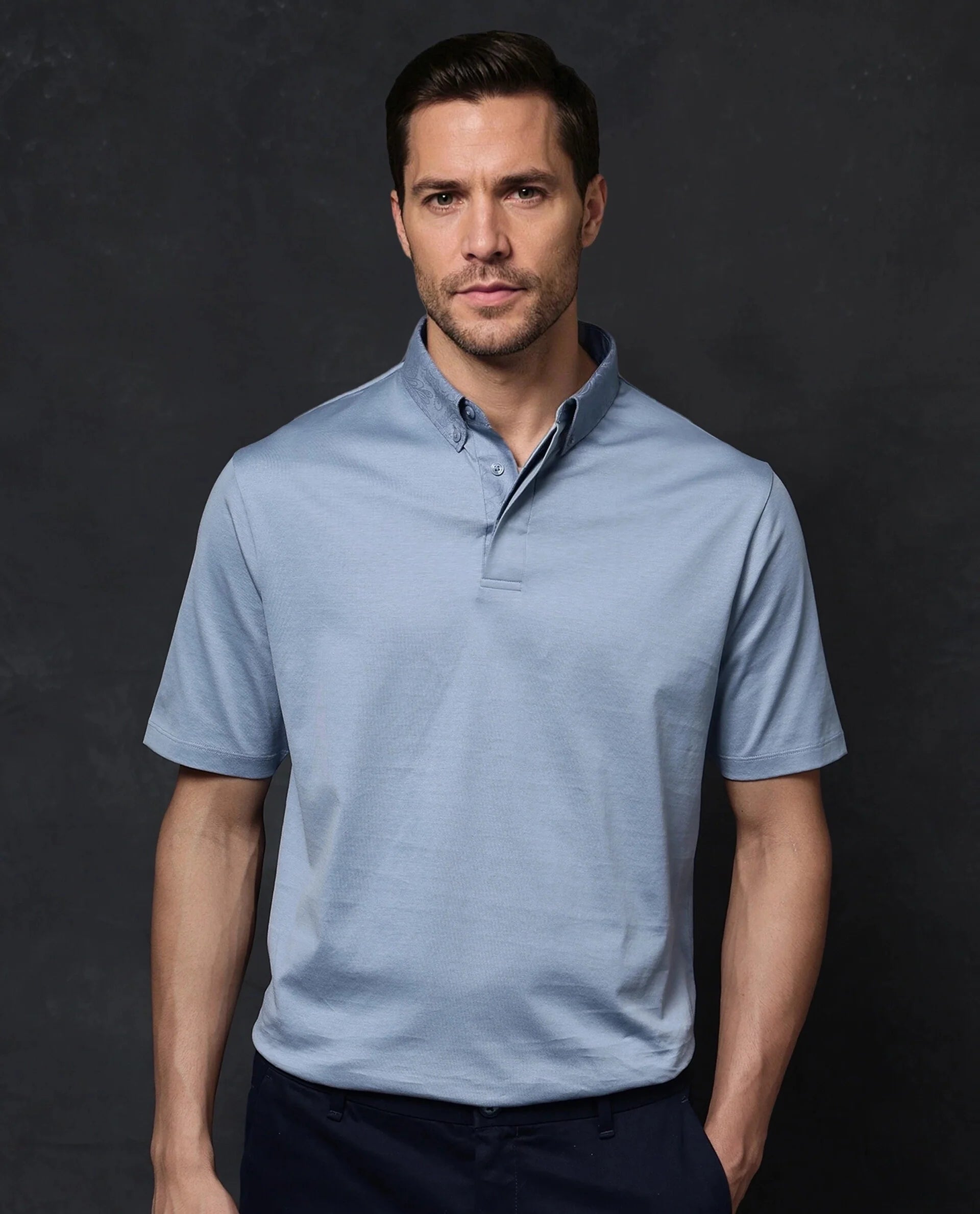 Flash sale on trendy clothing – Limited time offers available online.  Rare Rabbit Men Clarence-1 Dusky Blue Short Sleeve Jacquard Detailing on Collar Button Closure Plain Polo T-Shirt