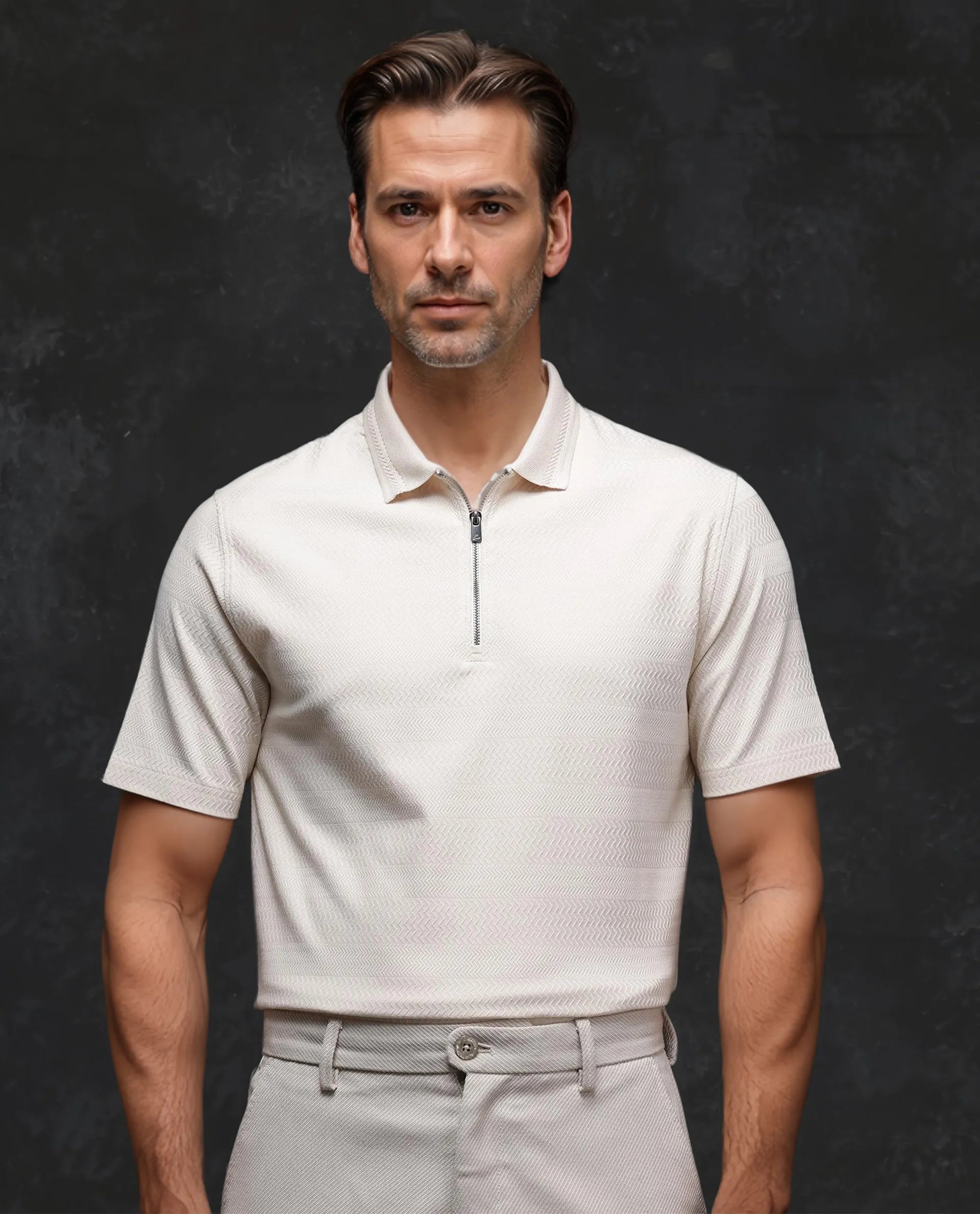 Big discounts – don’t miss out!  Rare Rabbit Men's Clion-1 Beige Cotton Lycra Fabric Short Sleeve Collared Neck Zipper Closure Jacquard Polo