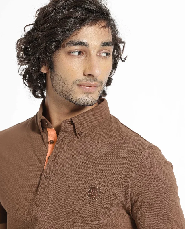 Shop now and enjoy massive savings on stylish clothing for all seasons.  Rare Rabbit Men's Herval Dark Brown Cotton Fabric Collared Neck Half Sleeves Polo T-Shirt