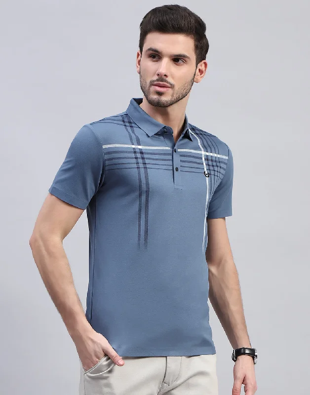 Shop new arrivals in clothing and save –  Men Blue Printed Polo Collar Half Sleeve T-Shirt